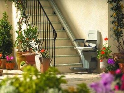 Stairlift at bottom of the stairs in garden